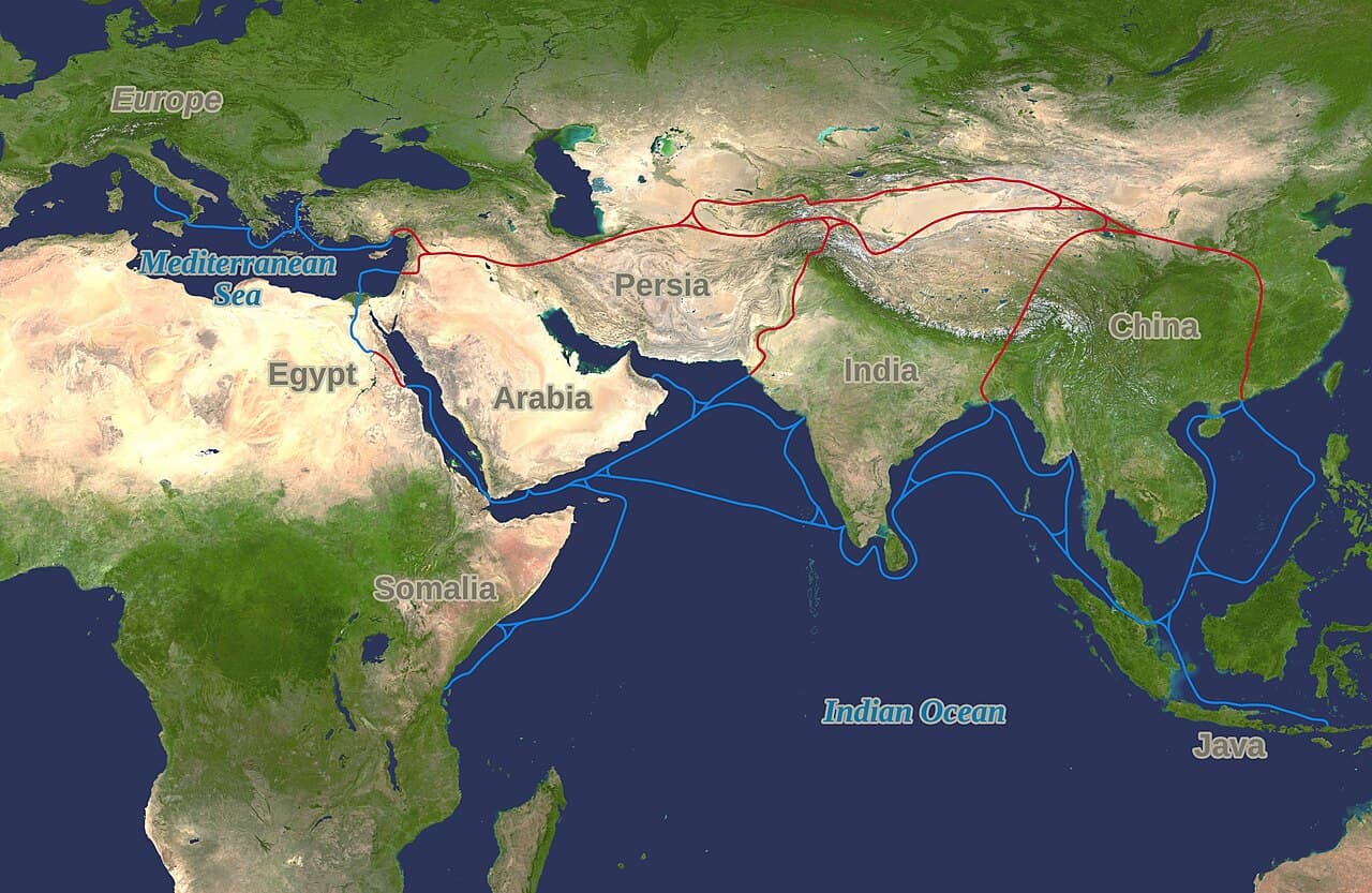 Two routes, two words — the overland Silk Road carried "cha" west, while Dutch galleons carried "te" across the oceans.